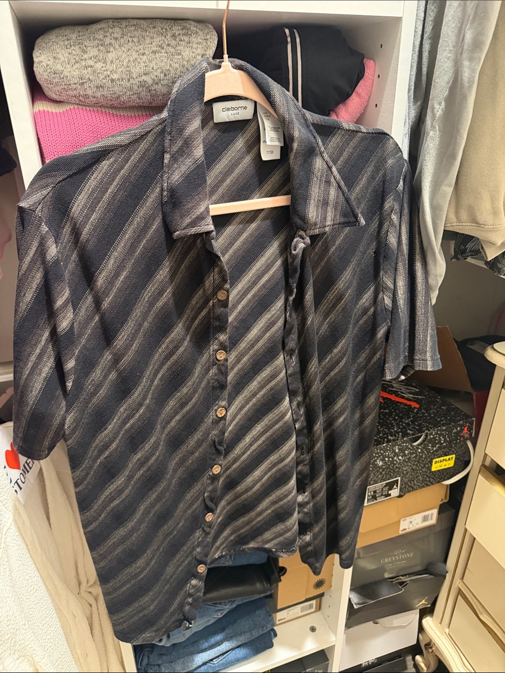 Claiborne Men's Short-Sleeve Button-Down Shirt in Black and Gray Diagonal Stripe